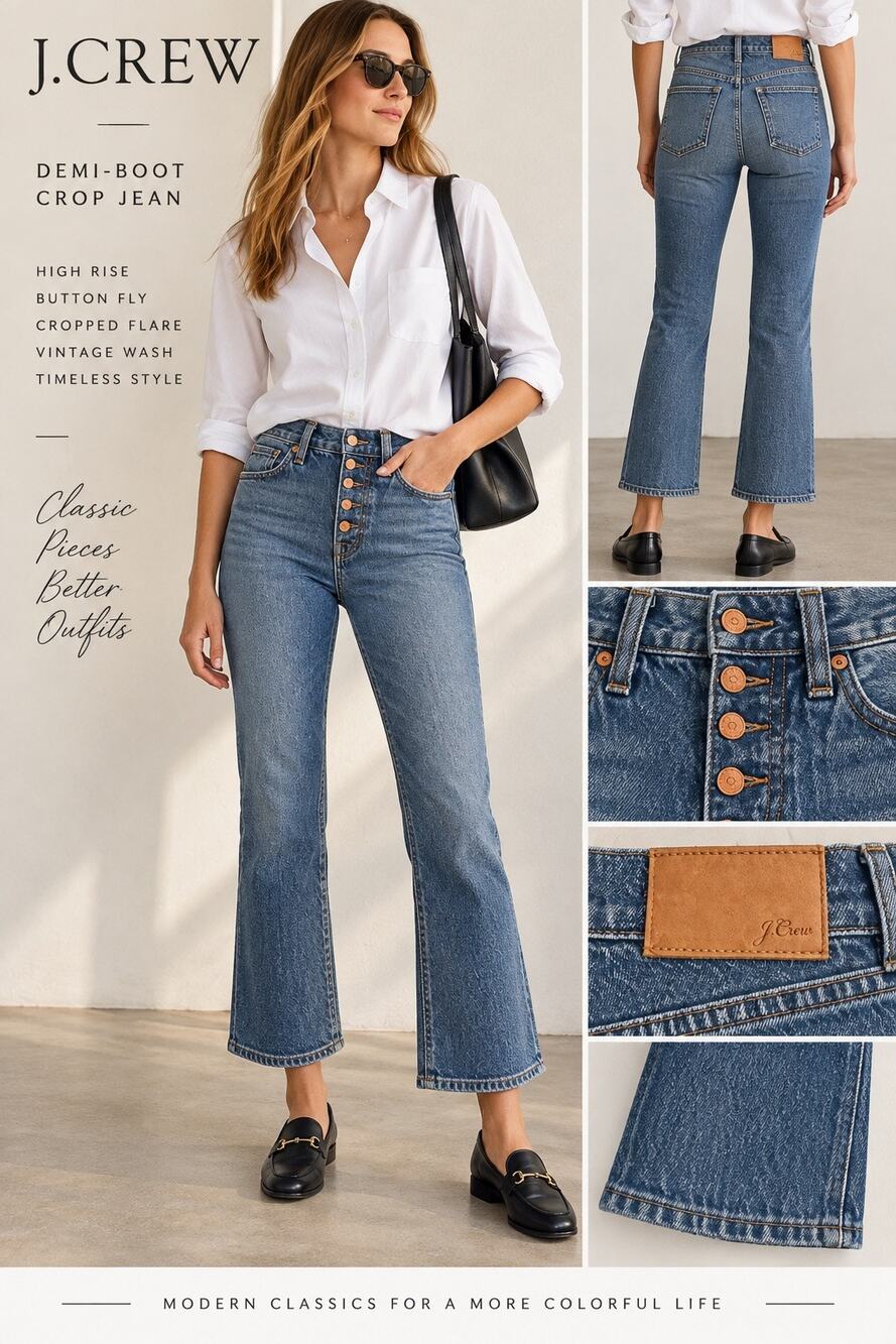 90s Minimalist J.Crew Demi-Boot Crop High Rise Button Fly Medium Wash Jeans 26